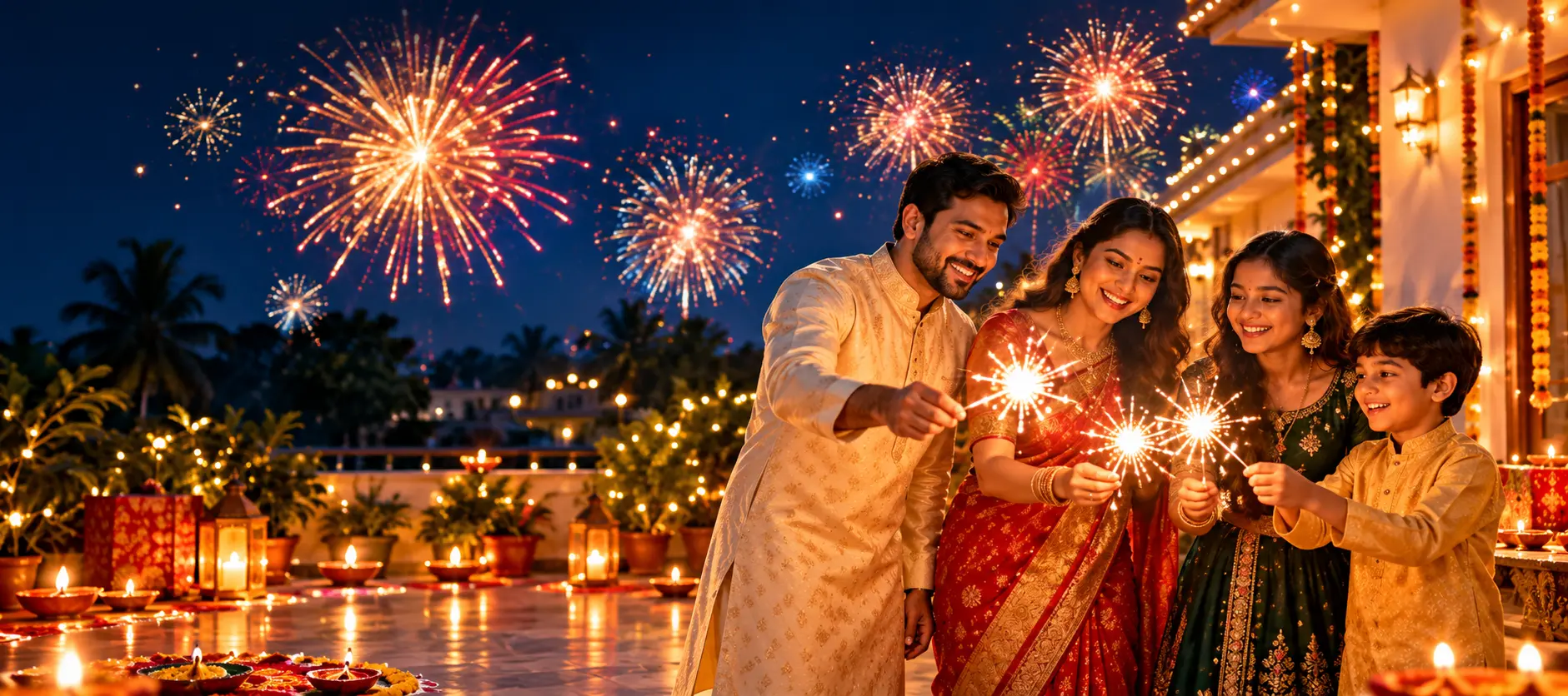 Family celebrating Diwali together with sparklers and fireworks