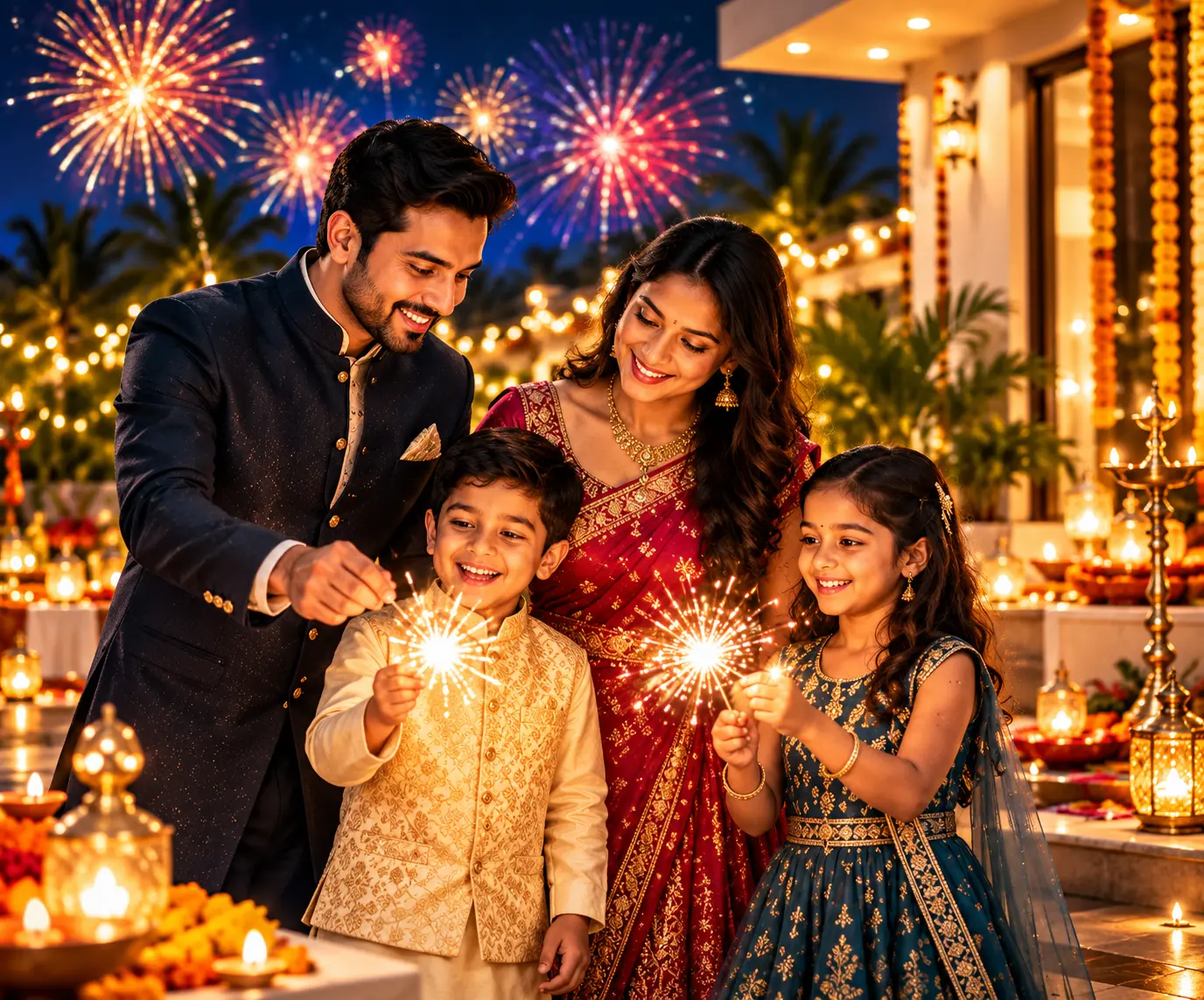 A family celebrating Diwali together with sparklers